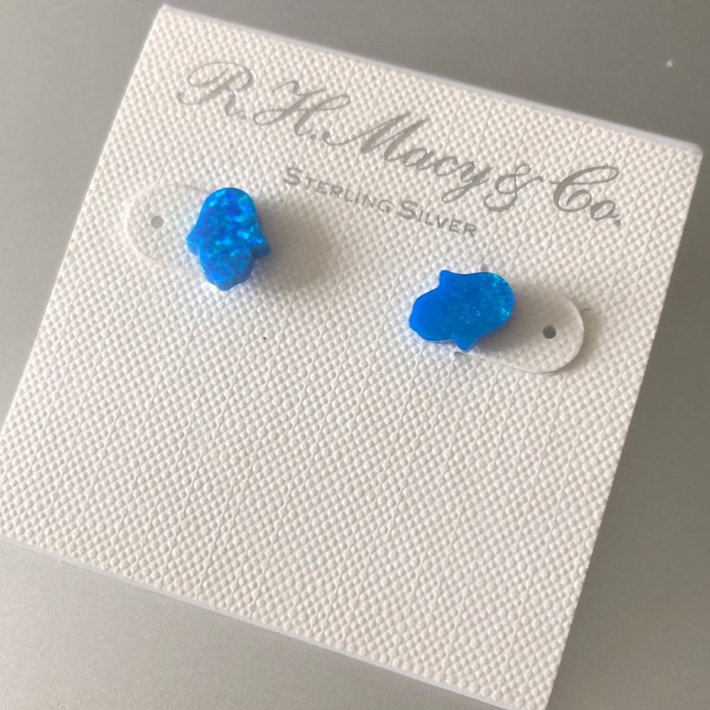 Nano Sterling Silver 925 Blue Lab Created Opal Hamsa Hand Stud Earrings